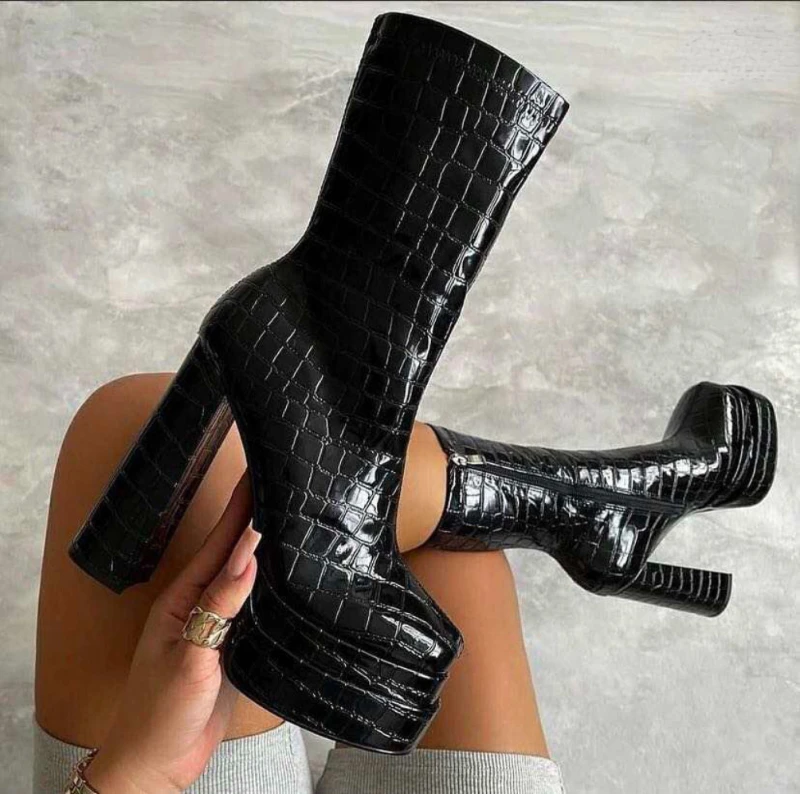 

Western Fashion Botas De Mujer Zipper Side Think Bottom Winter Fall Luxury Black Leather Chunky Platform Women Boots, Black, brown