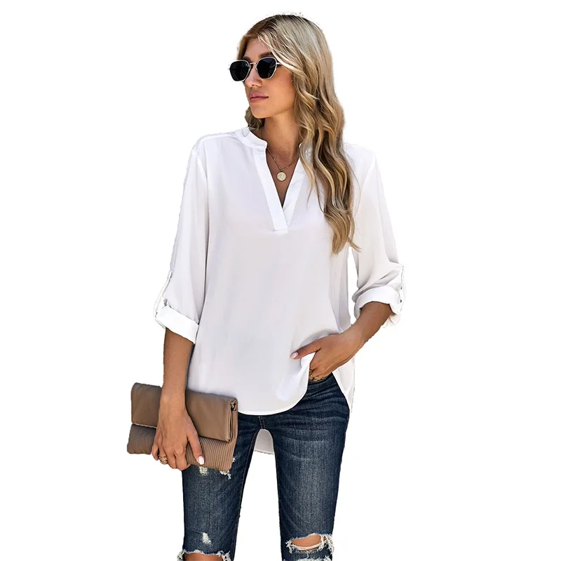 

Hot Sale Ladies' Blouses Solid Color Women's Top V Neck Roll Up 3/4 Sleeve Women Blouse