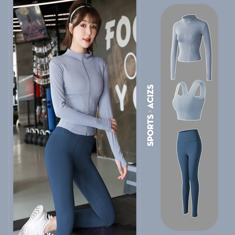 

manufacturer wholesale yoga suits 3-piece with long sleeve coat +crop bra +leggings pants for women girls gym fitness workout, Customized colors