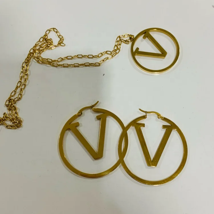 

Pendant Chain Necklaces Necklace For Women Ladies Girls Stainless Steel Big Round Letter V-design Fashion Jewelry Set Earrings, Gold/silver/rose gold