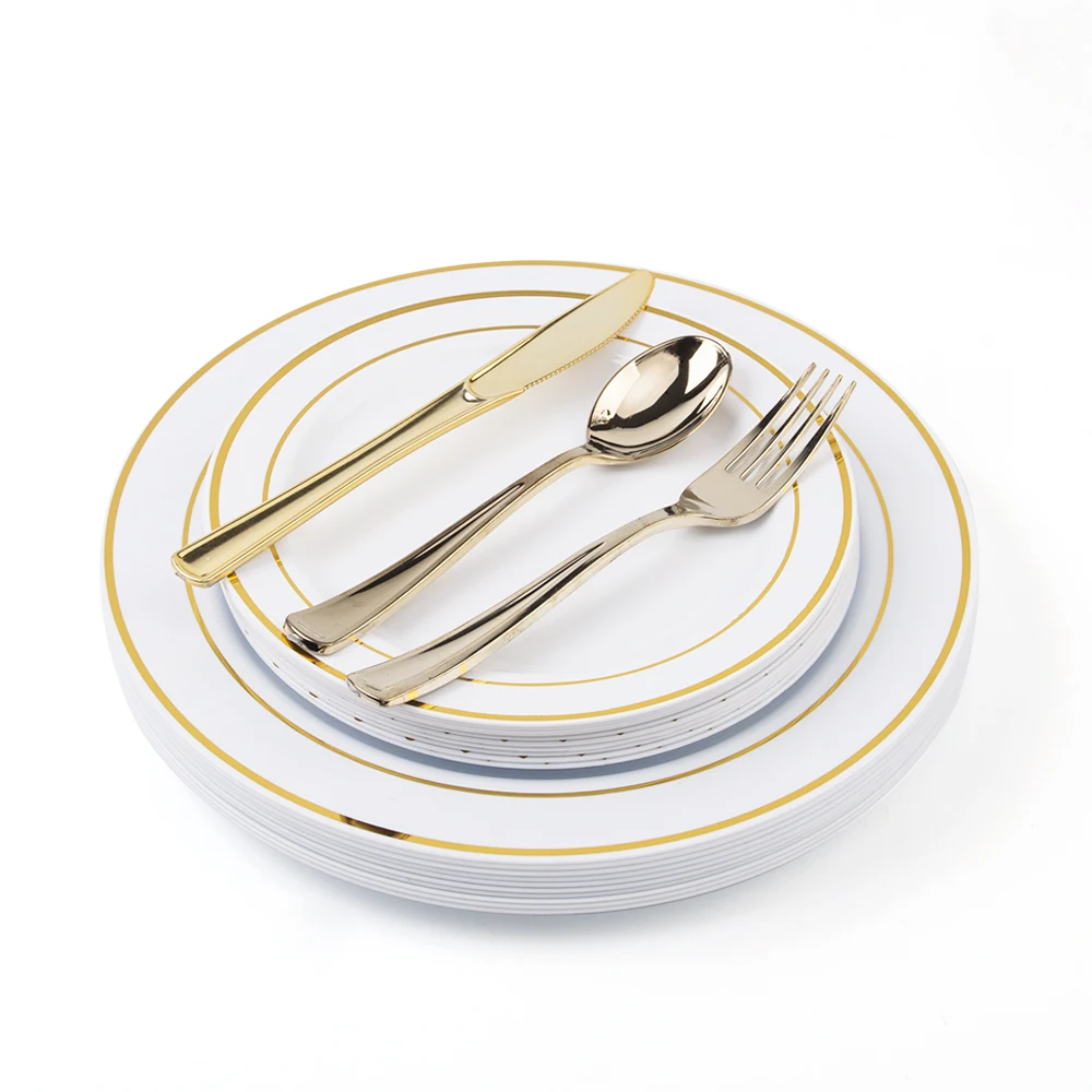 Cheap disposable tableware rose gold plastic cutlery 25pcs 7.5" 25pcs 10.25" 25pcs knife 25 spoon 25 fork 25 cup