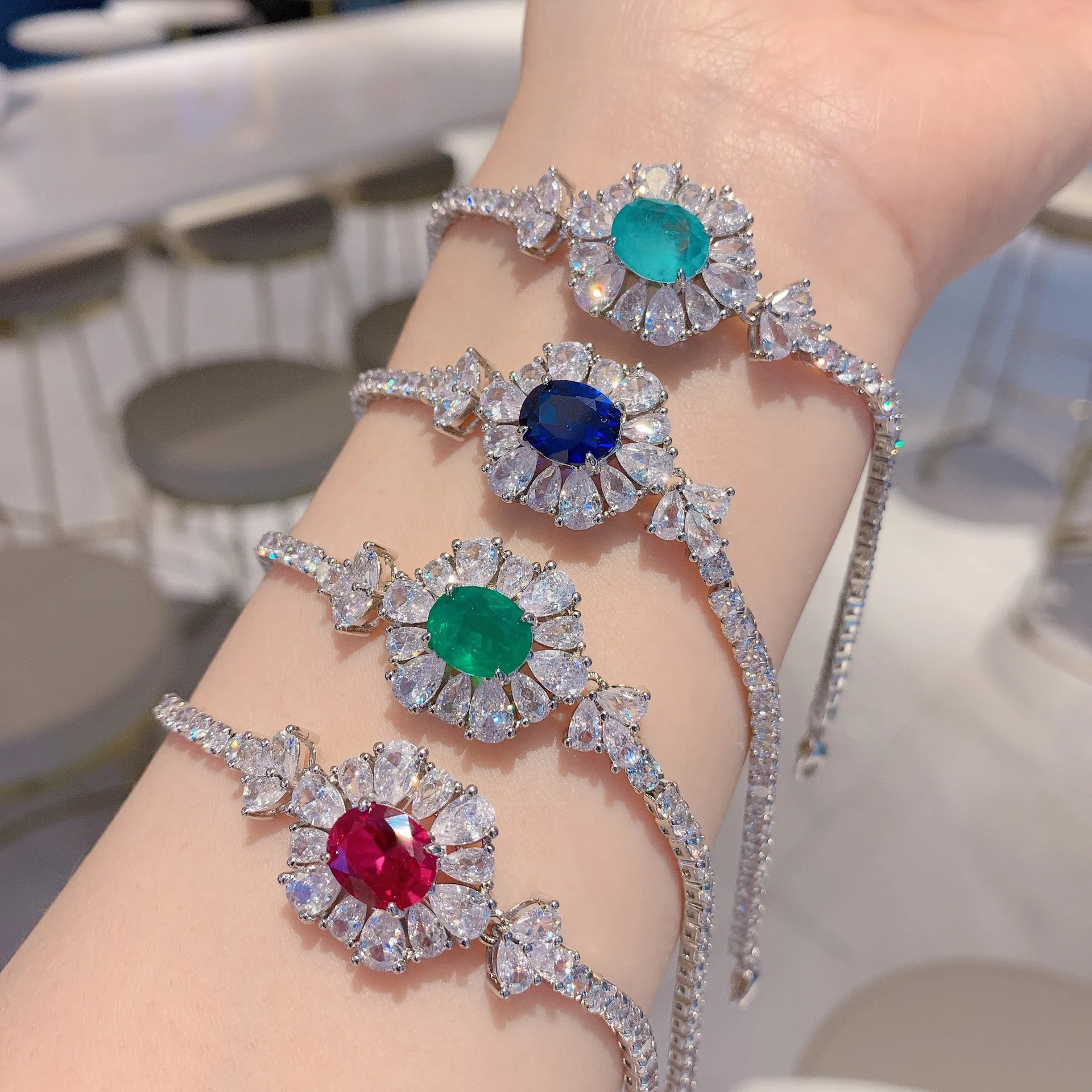 

Light Luxury Faux Sapphire Ruby Paraiba Emerald Bracelet Vintage Real Gold Plated Diamond Zircon Charm Bracelets For Ladies Gift
