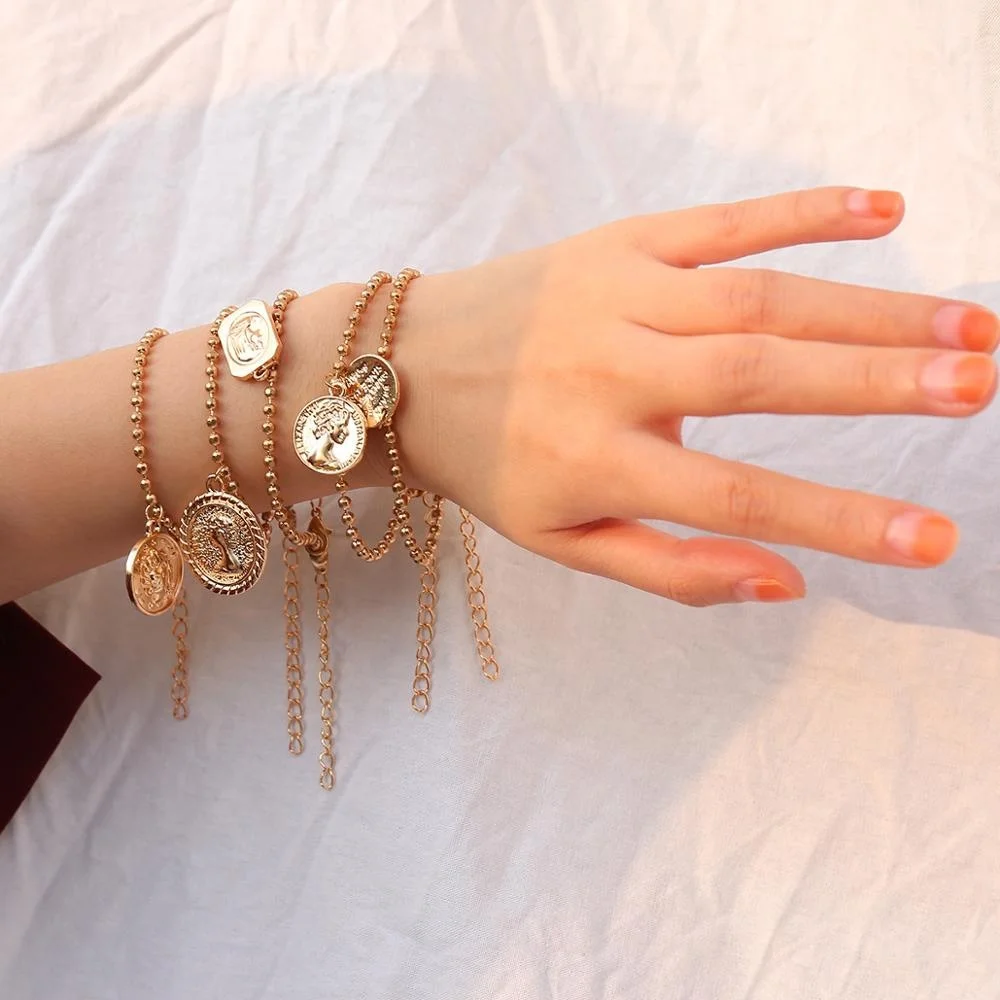 

Women Queen Figure Gold chain bracelet monogram gold coin charm bracelet
