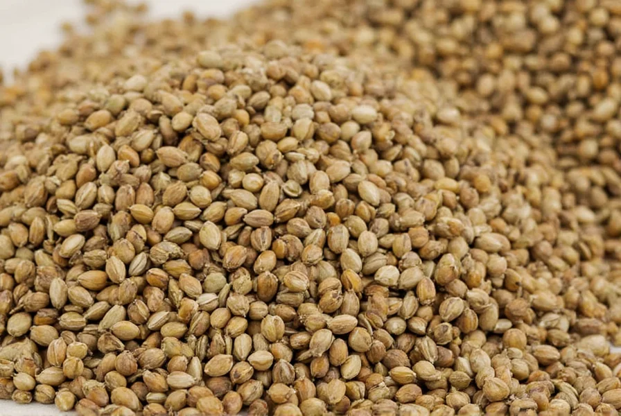 Close-up view of coriander seeds showing their round shape and light brown color