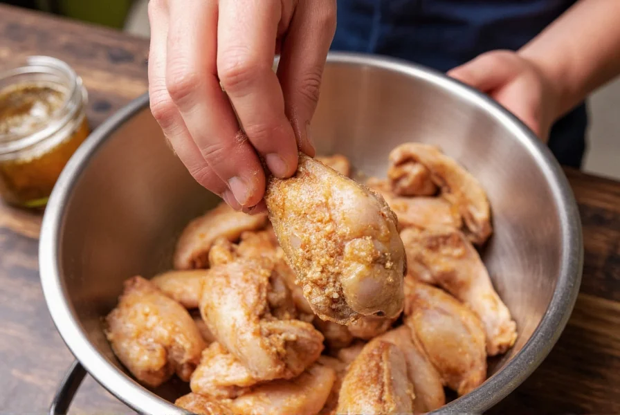 Close-up of hands seasoning chicken wings with lemon pepper mixture in stainless steel bowl