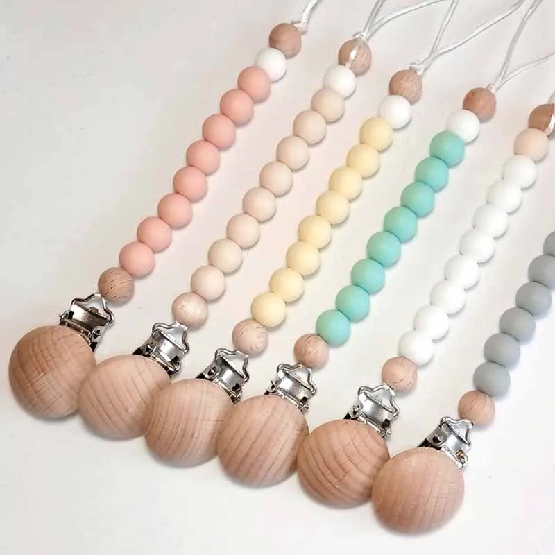 

Newborn Baby Bpa Free Pure Color Silicone Beads Teething Pacifier Clip