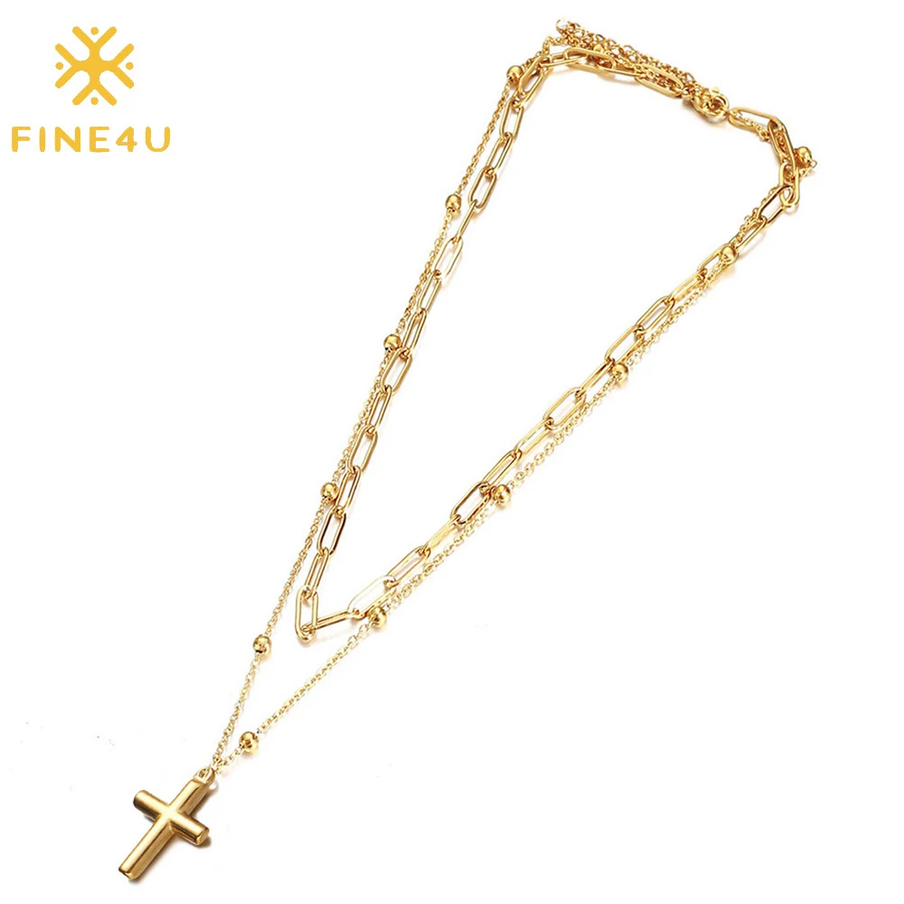 

Rosary tasbih beads double chain cross pendant gold plated layered stainless steel jewelry necklace, Gold/steel