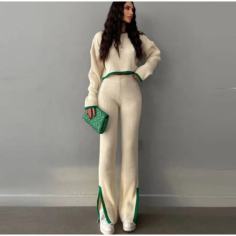 

Autumn And Winter Collision Suit Female Knitted Wide Legged Pants Two Piece Set