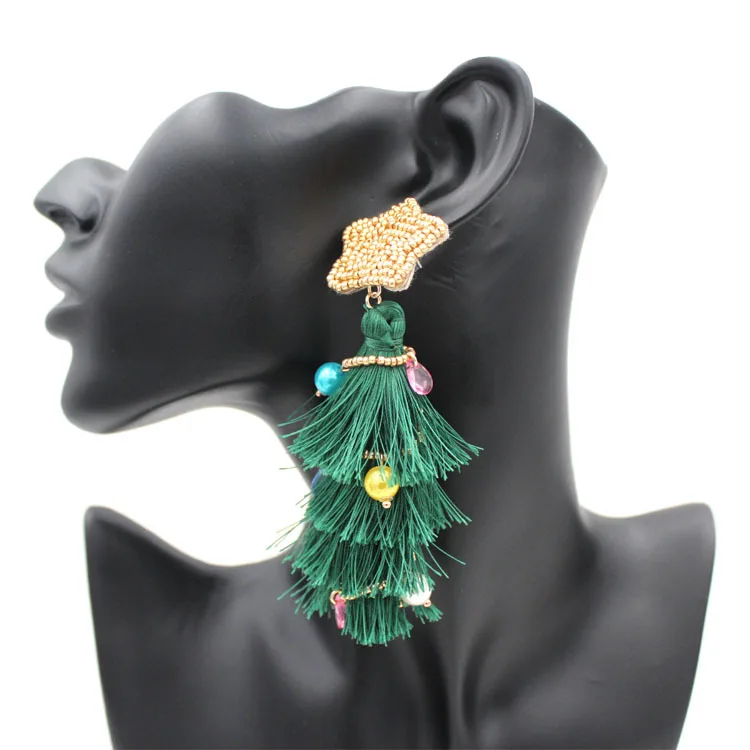 

Latest Handmade Resin Beaded Christmas Tree Drop Earrings Long Cotton Tassel Christmas Tree Earrings For Xmas
