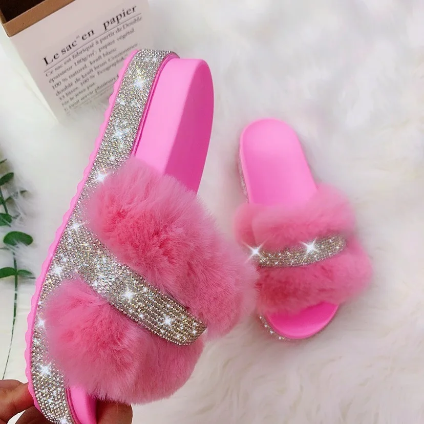 

2021 wholesale Fur slippers with Ins hot selling flat PVC sandals, Customized color