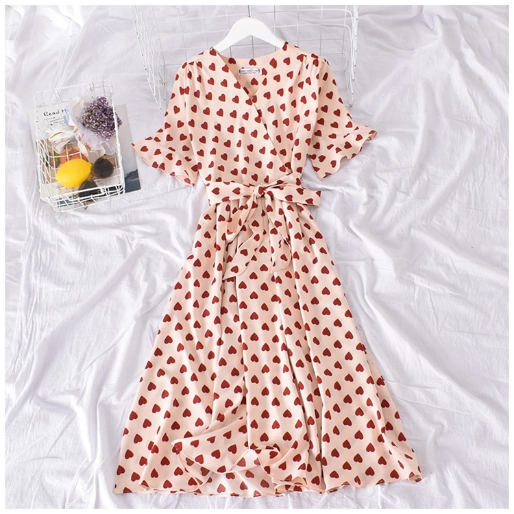 

Qz132 New Ladies Fashion Heart Print V Neck Sashes Slim Waist Short Sleeve Long Dress Korean Stylish Free Size Dresses Clothing
