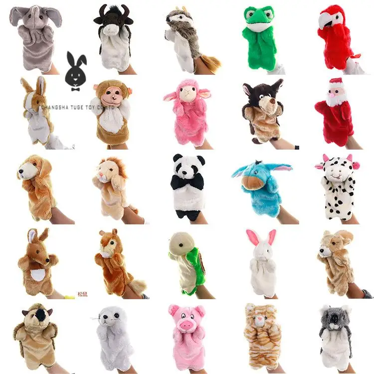 

Manufacture plush figure dolls r animal Wolf rabbit monkey crocodile open mouth parent-child interactive finger doll story time