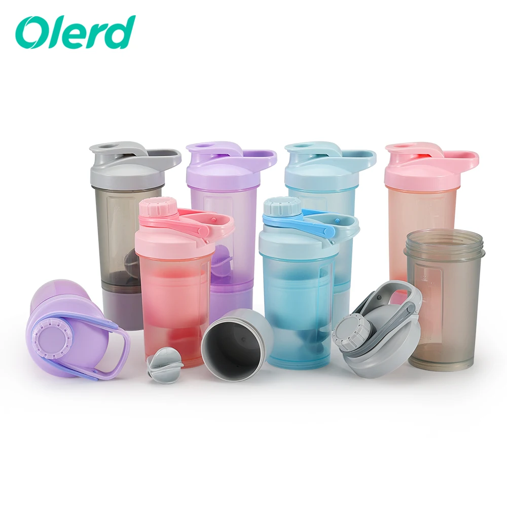 

OLERD 500ml custom logo gym shakers sports water bottle shaker bottle Knob cover with handle and powder box, Multiple colors