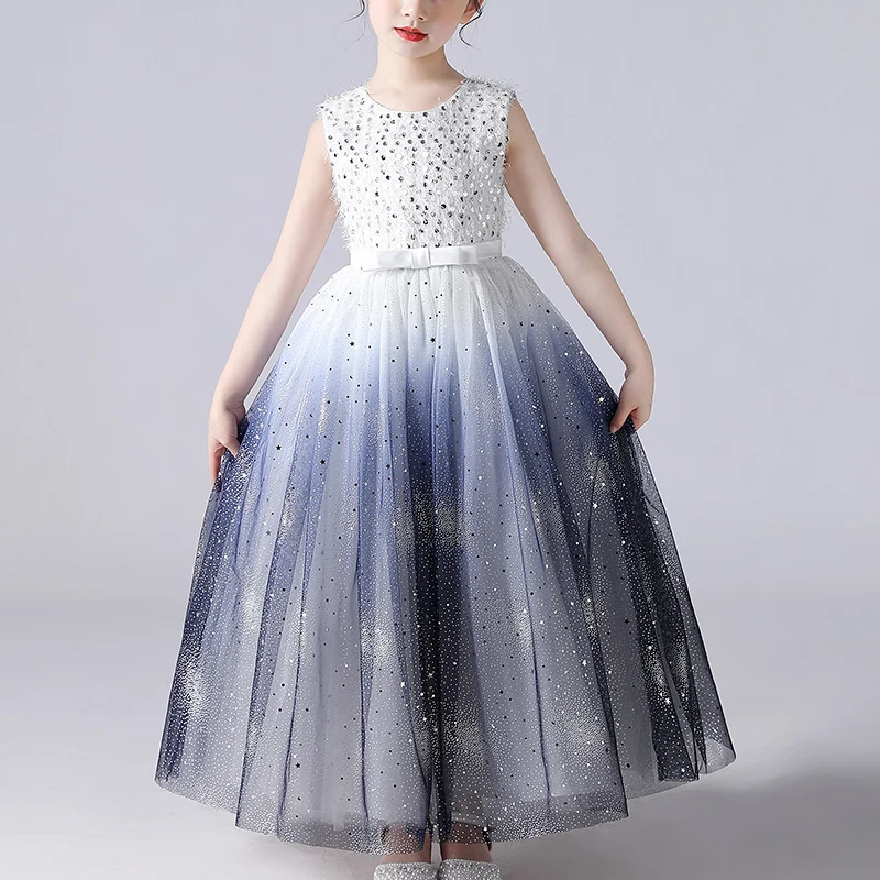 

2021 Summer Baby Gilrs Sleeveless Fancy Starry Sky Decoration Lace Dress Up Girls Blue Long Princess Dresses For Piano Show