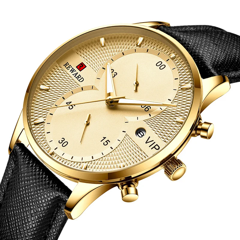 

Reward High quality Gold black round ledther strap men quartz watch Factoryy direct Fashion watch wrist Chronograph Reloj