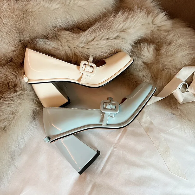 

Pure Solid Color Bling Head Square Toe Chunky Thick Platform Lightweight Buckle Strap Super High Heels