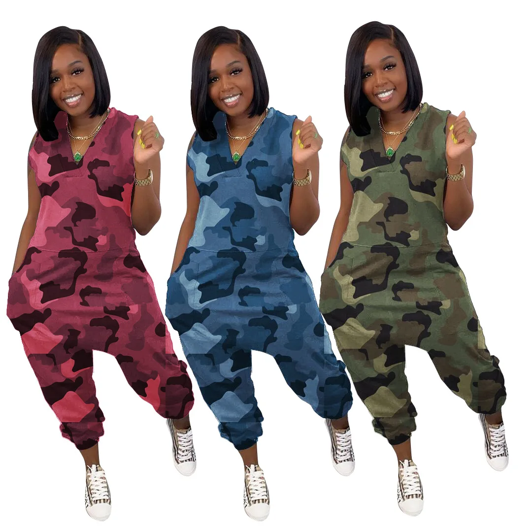 

YS-TY2060 New design summer casual sleeveless camouflage jumpsuit women V-neck workout pockets summer jumpsuit, As picture shows or customized color