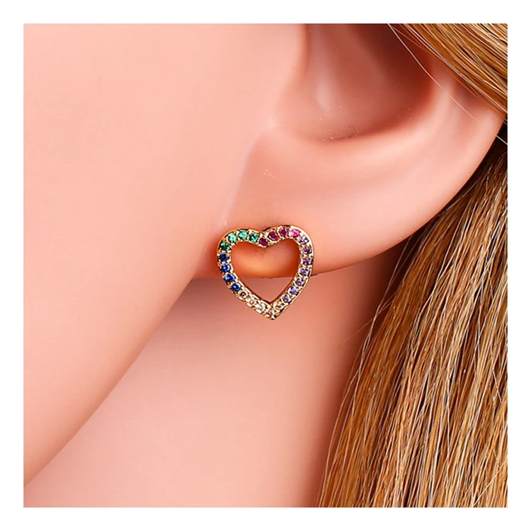 

New colorful women brass bling circle heart stud earrings zircon jewelry 18k gold plated, Multi