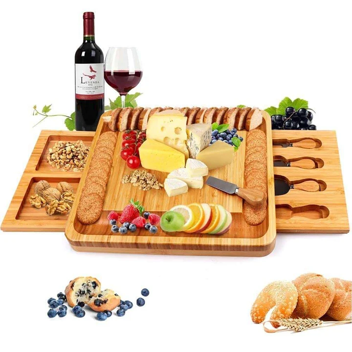 

Bamboo cheese board with knife and fork drawer, vegetable platter and service tray Breakfast gourmet fruit plate, Natural