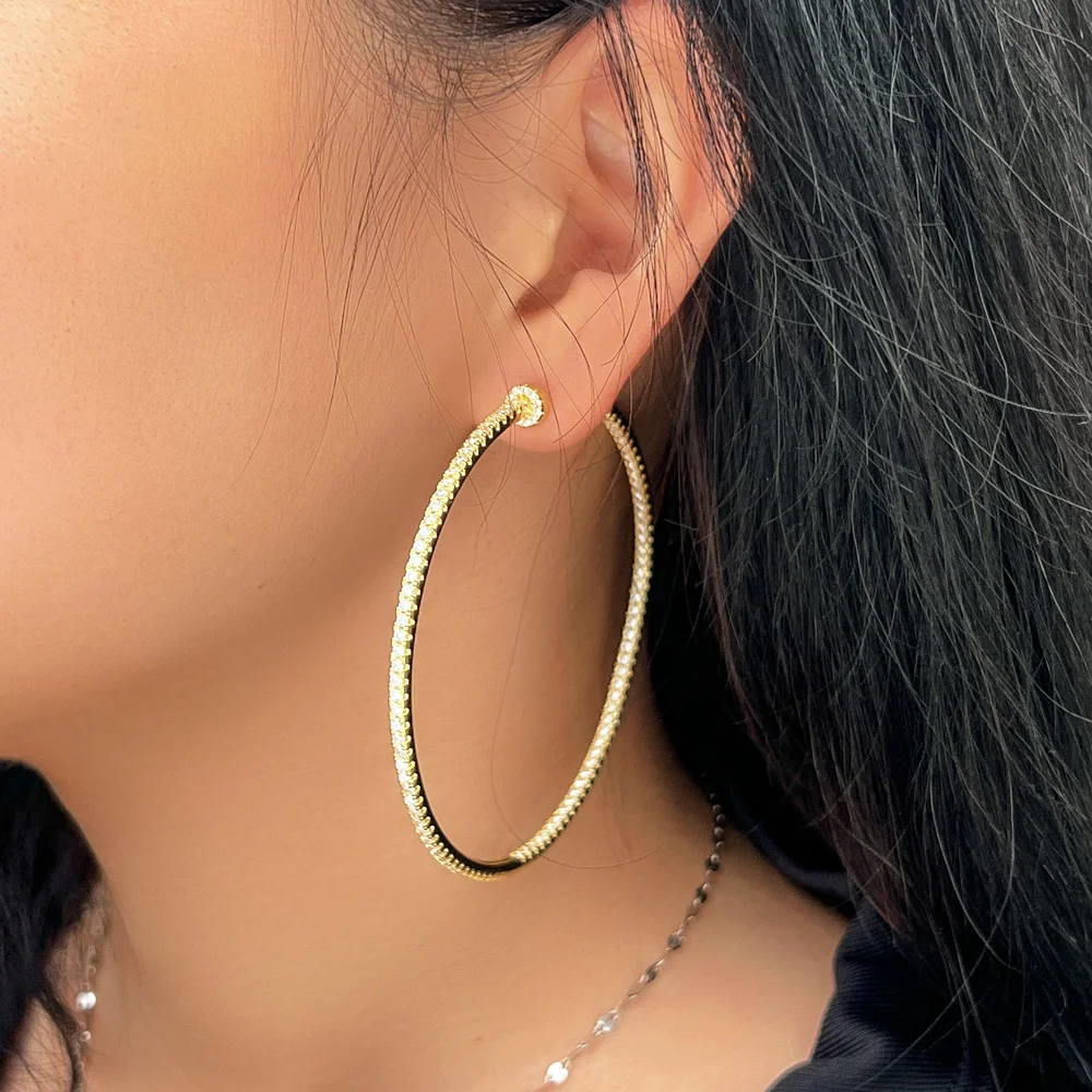 Exaggerated Big Size Shiny Luxury Cubic Zirconia Inlaid Statement Round Oversized Hoop Earrings Gold Plated Jewelry for Women