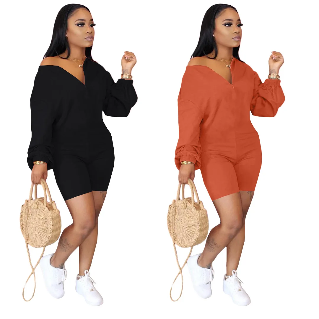 

2021 New Women'S Solid Color Oblique Shoulder Zipper Fashion Casual Jumpsuit