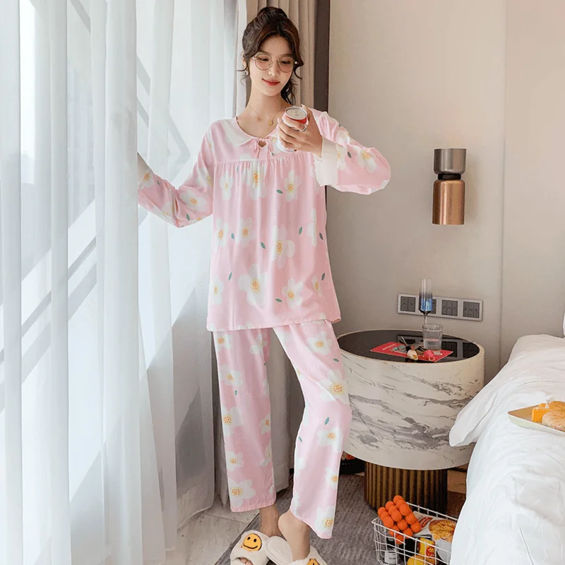 

Autumn new Korean pyjamas women's cotton silk pajamas long sleeves trousers thin women's home clothes, Champagne