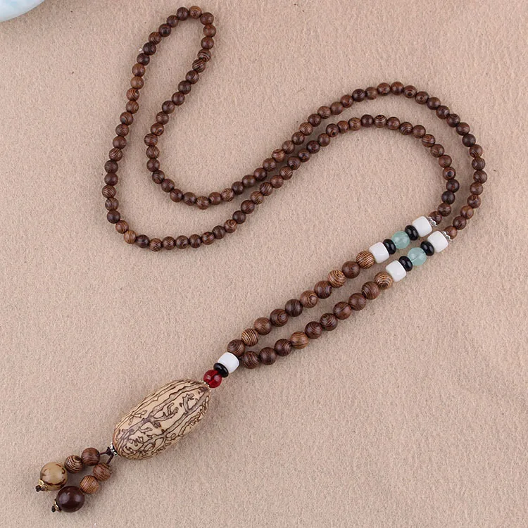 

Wholesale Boho Jewelry Men Vintage Nepal Necklace Religion Tribal Wood Beads Jewelry Handmade Long Boho Beaded Necklace Women