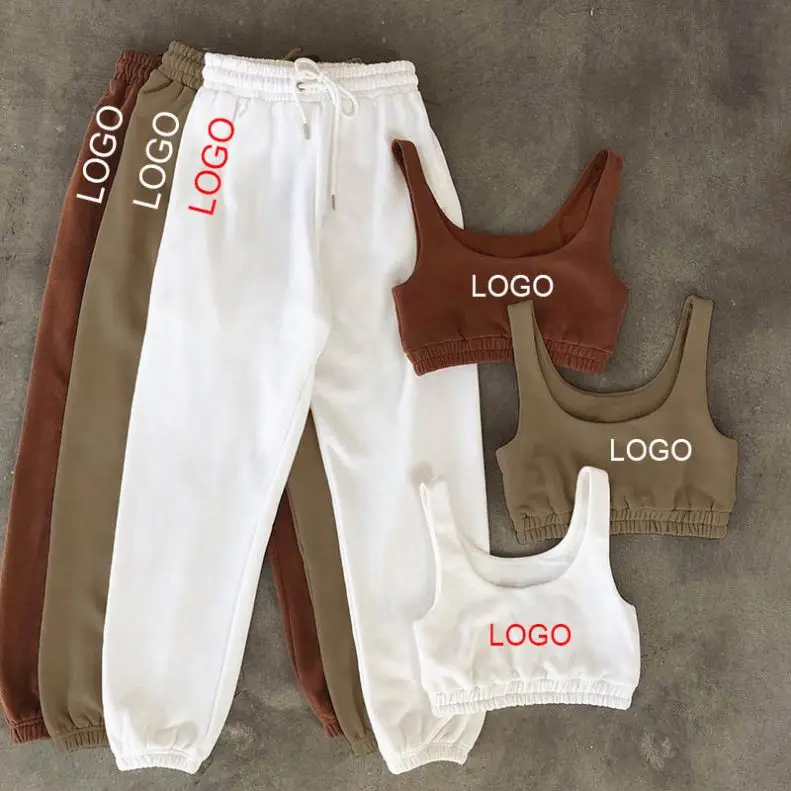 

Custom Logo Solid Joggers Pant And Bra 2 Piece Crop Top Two Piece Pants Set Comfy Cotton Workout Womens 2022 2 Piece Short Set