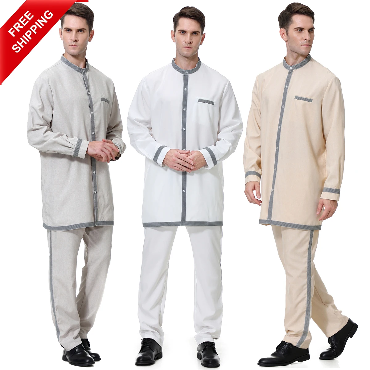 

FREE SHIPPING Adults Traditional 2020 Breathable Malaysia Long Sleeve Islamic Muslim Baju Kurung Men's Robe Suit With Tape, White, gray, khaki