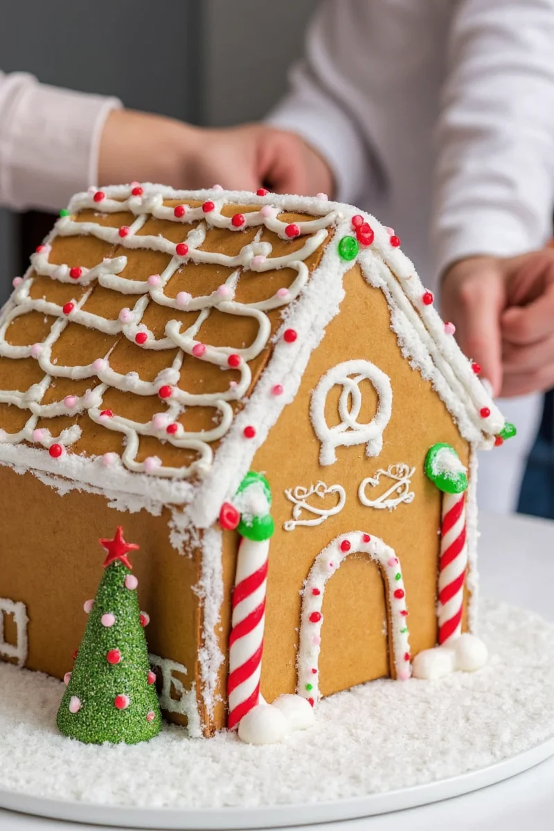 Gingerbread house with marshmallow clouds and peppermint stairs