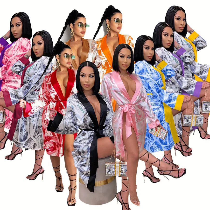 

2021 Spring Summer Designer Bulk Sexy Femmes Robe Sleepwear Lingerie Luxury Longue Bath Women Money Robe Silk Satin Robe, Customized color