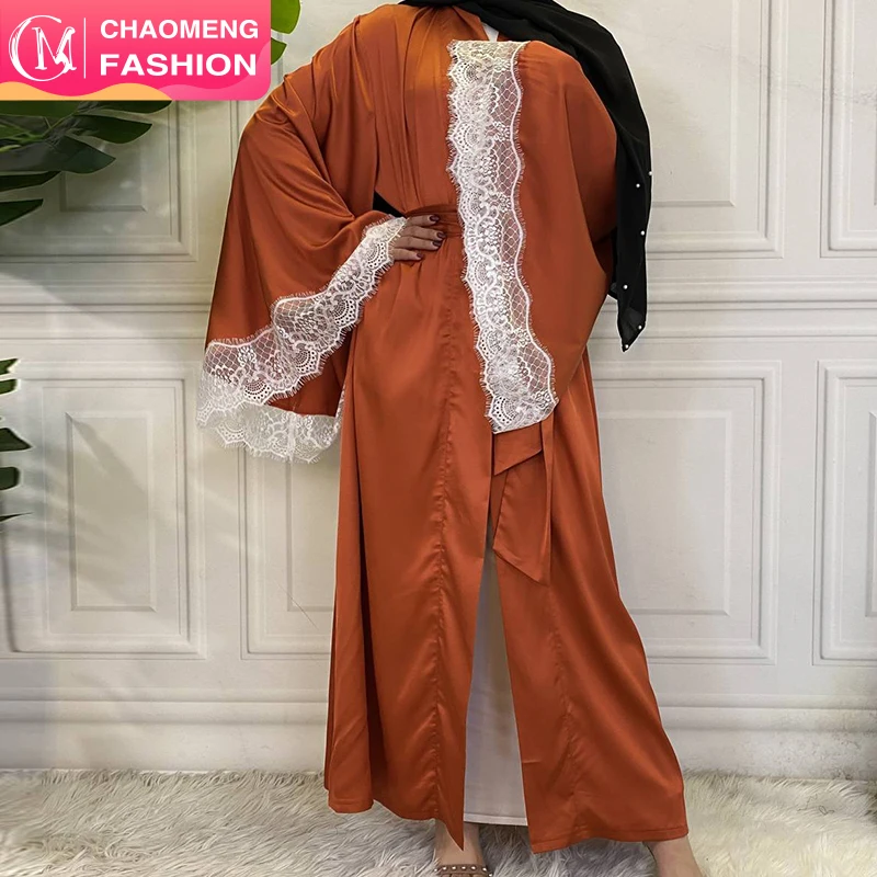 

1872# Satin Abaya 2021 New Arrivals Modest Elegant Front Open Kimono With Lace Islamic Clothing, Black/brown/orange/white/navy/ wine
