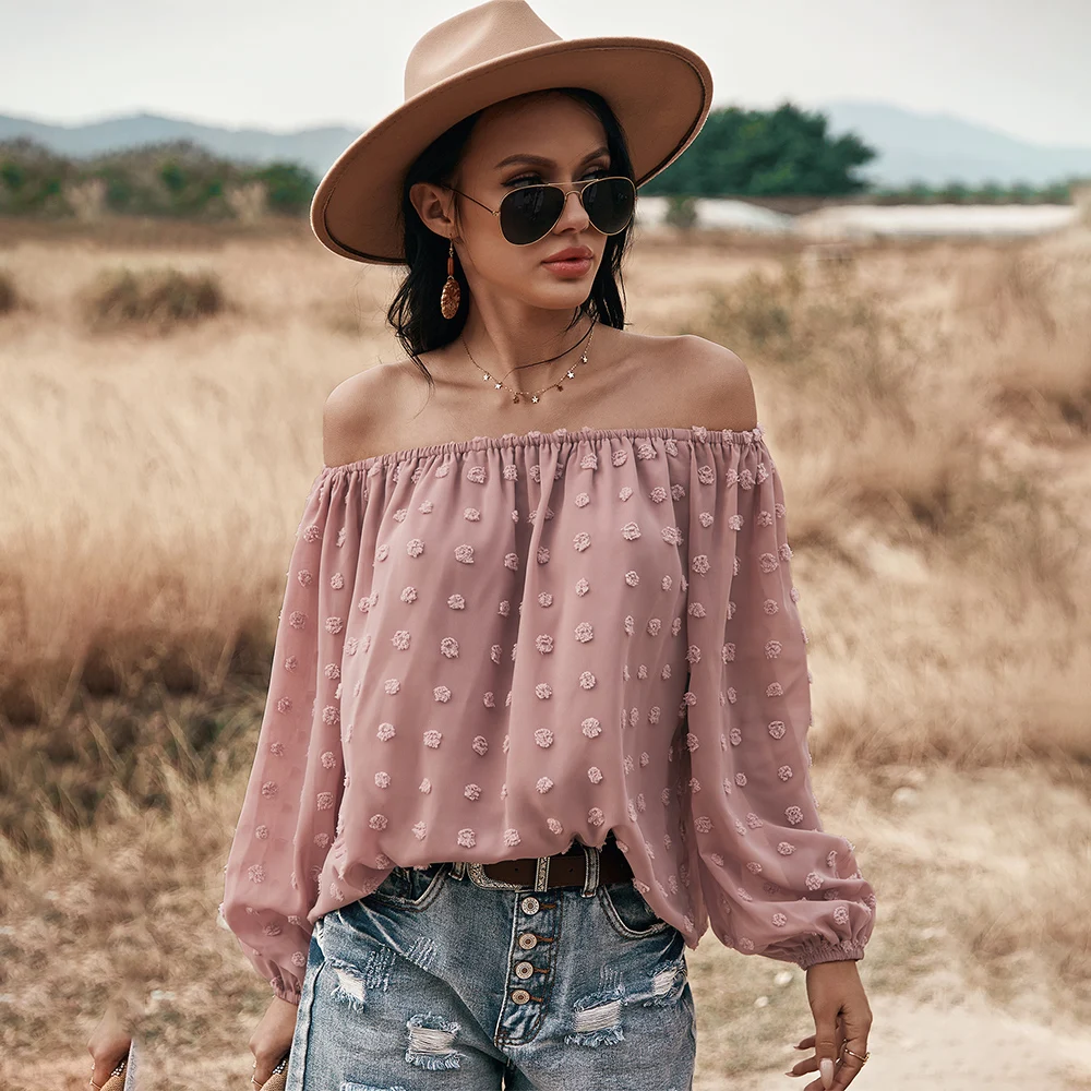 

2021 hot selling female shirt sexy ladies blouses women fashionable chiffon long summer one off shoulder tops