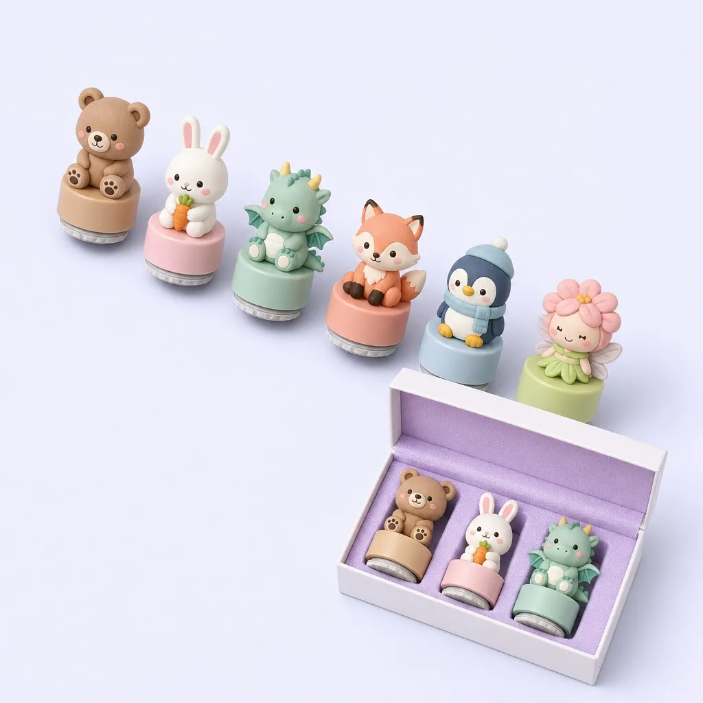 Full collection display at convention showing row after row of kawaii character stamps with enthusiastic male presenter