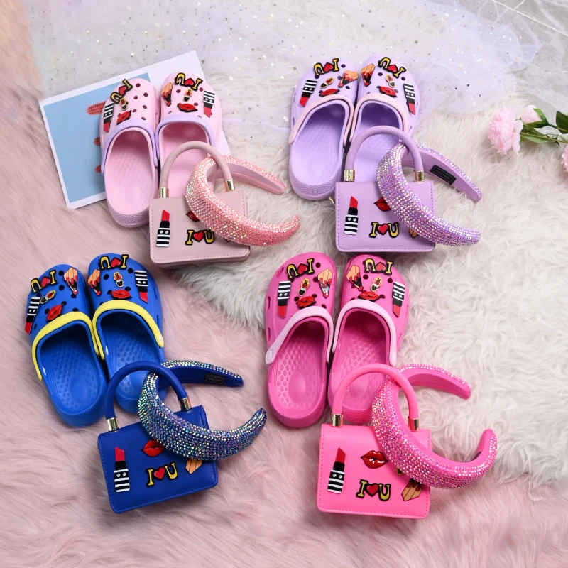 

New Style Mini Bags Women Chain Crossbody Handbags Cartoon Pattern Cros Shoes And Headband Matching Hand Bags Set Ladies, 7 colors