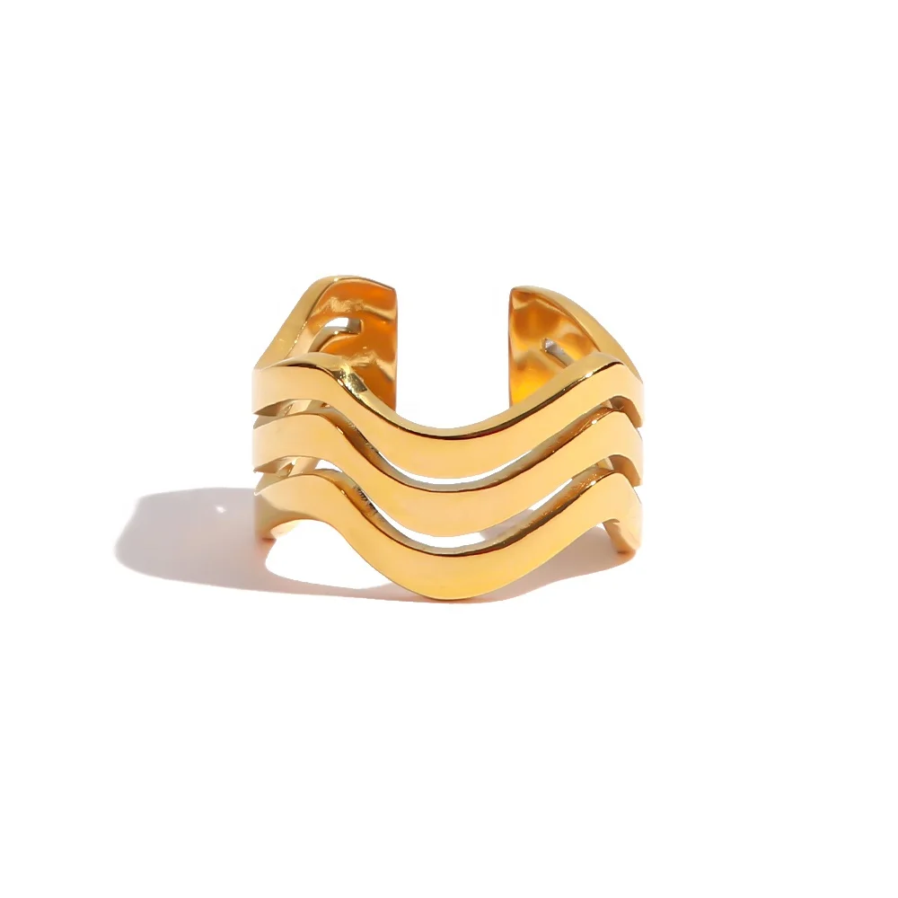 

Chunky Multi Three Layer Water Wave Hollowed 18K PVD Gold Plated Stainless Steel Opening Ring