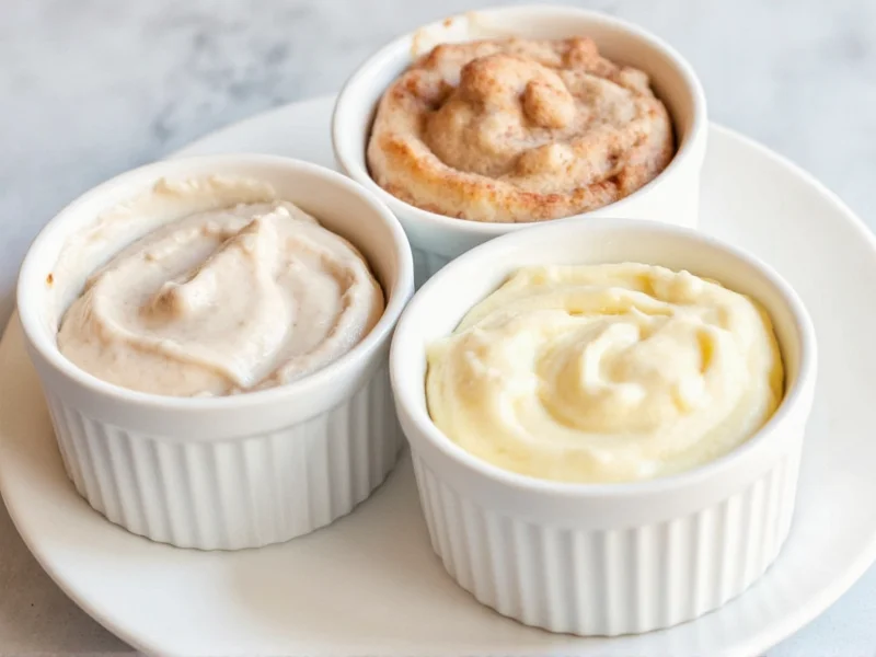 Three cinnamon roll icing variations in small bowls