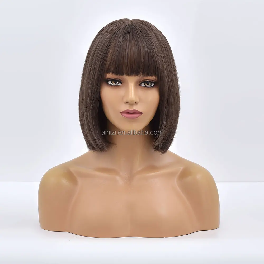 

Ainizi 10in short bob cold brown machine made elegant fashion synthetic hair wigs with bangs for women