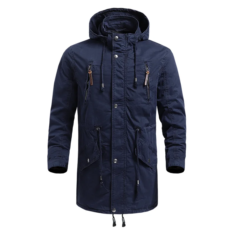 

Hot selling medium long leisure outdoor camping oversized jacket young men's embroidered stand collar hooded cargo coat