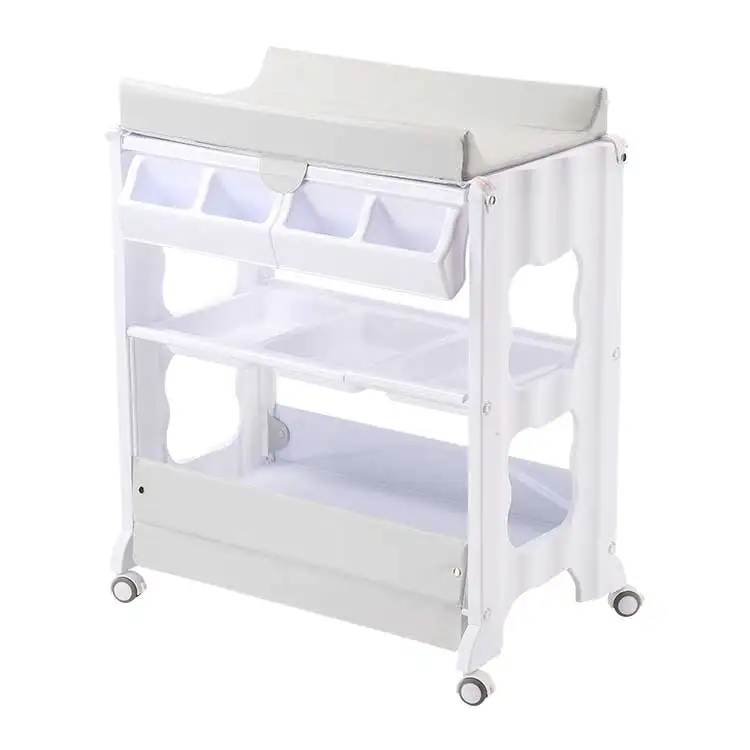 

Folding 4 wheels portable high standing baby changing table with bath tub, White
