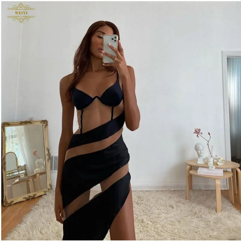 

2021 ladies club dress Fashion Sexy See Through Mesh Patchwork Contrast Wrap Strap skirt Sleeveless Bodycon Dress, Picture color