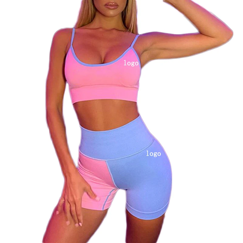 

custom logo patchwork running quick drying Fitness short yoga top high waist short leggings Yoga set