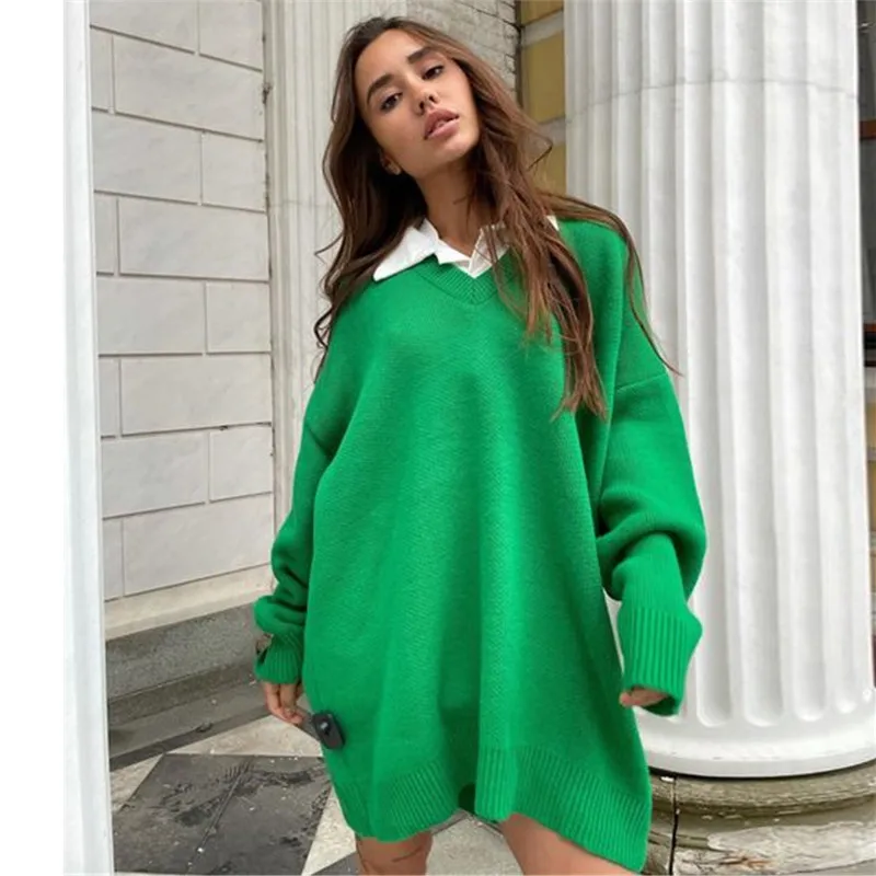 

Hot Sale High Quality Women V-neck Long Sleeves Casual Loose Knitted Pullover Sweater Dress