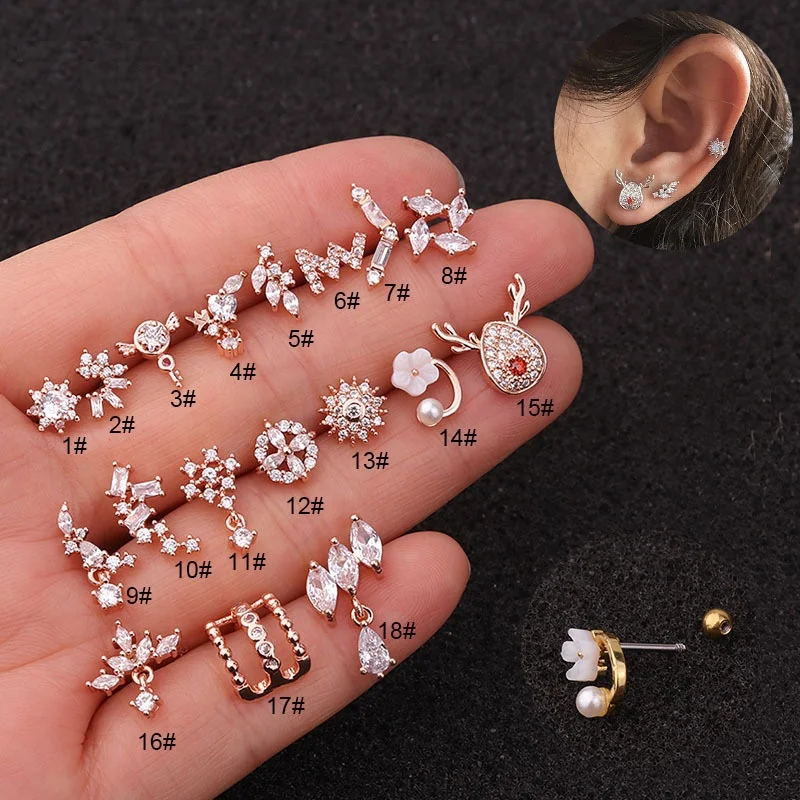 

Fashion gold silver zircon stud earring women mini Stainless Steel Cartilage Hoop Earrings Flower lightning diamond for women, Picture show
