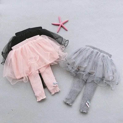 

B51666A Mesh skirt patchwork girls fashion outfit winter thicken warm leggings, Pink/black/gray