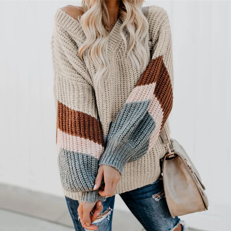 

Ladies Clothing Winter Outerwear V-neck Long Sleeve Knitted Sweater Pullover Sweater Women
