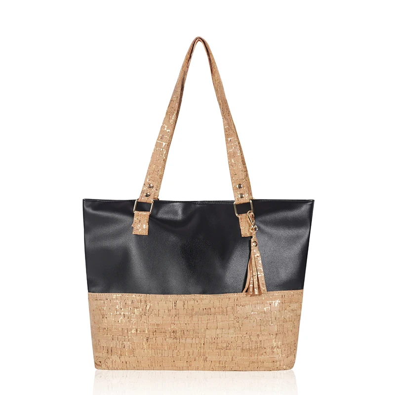 

Vegan Leatherette Purse Wholesale Roomy Bag Natural Cork Handbag for Women, White, black