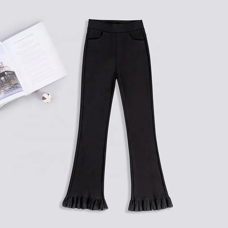 

B61292A Bell-bottom trousers drape out in chiffon lace euramerican style autumn 2019 plus-size leggings casual pants, Black