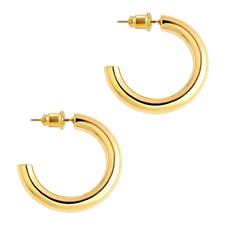 

Dainty minimalist round hollow huggie piercing arete gold colored C shape earring statement lightweight chunky open hoop earring