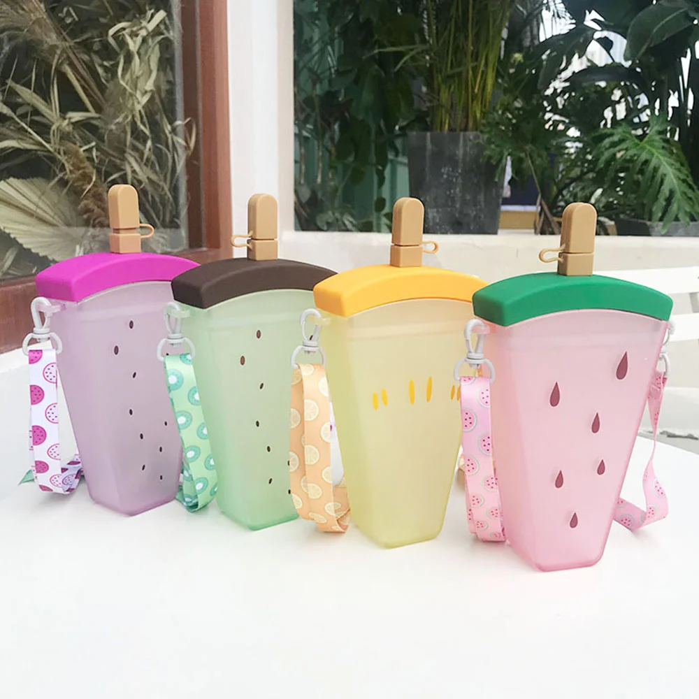 

hot sale Kids Outdoor Portable Travel Water Bottle With Straw and Strap Creative Design Cute Ice Fruit Popsicle Cup